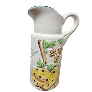 Vintage 50s Embossed Fruit Motif Glazed Ceramic Pitcher